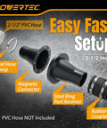 Powertec 4 Inch To 2-1/2 Inch Magnetic Dust Collection Connector With Eight Rare Earth Magnets For Shop Vacuums And Machinery Quick Connect Hose Fitting No Clamps Needed Easy On Off Switching Machines Super Strong Grip components displayed including PVC hose, magnetic connector, steel hose clamp.