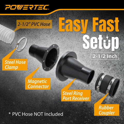 Powertec 4 Inch To 2-1/2 Inch Magnetic Dust Collection Connector With Eight Rare Earth Magnets For Shop Vacuums And Machinery Quick Connect Hose Fitting No Clamps Needed Easy On Off Switching Machines Super Strong Grip components displayed including PVC hose, magnetic connector, steel hose clamp.