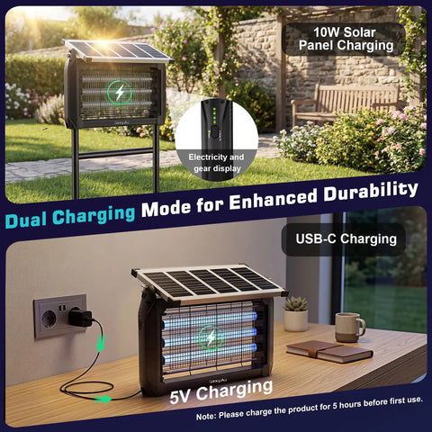 Outdoor Bug Zapper Powered By Solar And USB, 4000V Grid, 15W UV LED Fly Light showing dual charging modes
