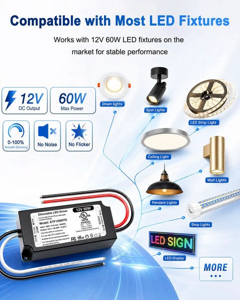 Heavy-Duty 12V LED Driver 60W Power Supply For LED Strip Lights, UL FCC Listed Class 2 Triac ELV MLV Dimming, 120V AC To 12V DC Transformer, Fully Compatible With Lutron And Leviton Dimmers, shown with wiring