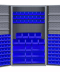 Badass Lockable Deep Door Bin Shelf Cabinet 72 Inches High By 24 Inches Wide with blue bins and shelves inside.