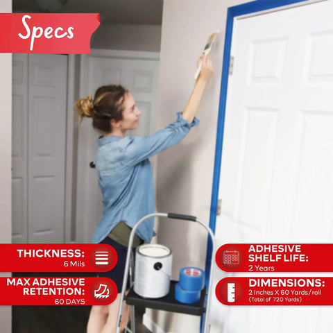 Person using Blue Painter Tape 2 Inch By 60 Yards Bulk 12 Roll Pack with Sharp Edge Line Technology on door for clean lines.