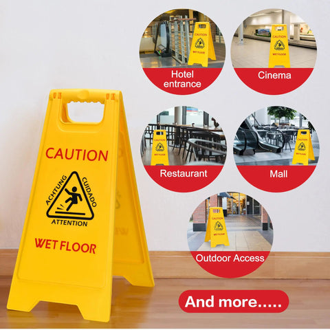 Three Pack 25 Inch Two Sided Wet Floor Caution Signs A Frame Fold Out Bright Yellow Multilingual Safety Warnings For Indoors And Outdoors