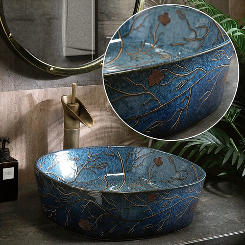 Slick Blue Ceramic Vessel Sink Featuring Hand Painted Vintage Design For Bathroom Vanity Tops easy clean no overflow, side view with floral details.