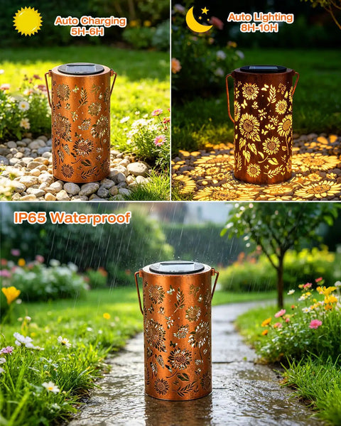 Sunflower Solar Lanterns Outdoor Waterproof Hanging Lights for Yard Patio Porch Garden Decor Perfect Gift with cutout patterns.