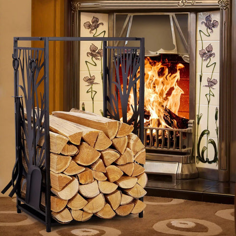 Compact Firewood Rack And Four Tool Set For Fireplace, Log Holder With Brush, Shovel, Poker And Tongs in front of lit fireplace