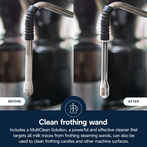 Must Have Essential Coffee Machine Maintenance Kit With BPA Free Water Filter Ion Exchange Tech Activated Carbon Plant Based Descaler For Most Espresso Machines With Filters DLSC306 Black clean frothing wand before and after