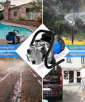 Water Transfer Pump 110V 1.6 HP Shallow Well Pump shown in various uses: pool, garden, farm irrigation, and car wash.