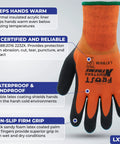 Waterproof Insulated Work Gloves with Thermal Liner, showcasing windproof construction, firm grip, and protective features.