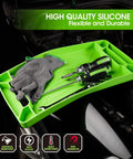 Flexible Tool Tray Set Three Piece Silicone Tool Holder For Mechanics Heat And Chemical Resistant Organizer displayed on car engine