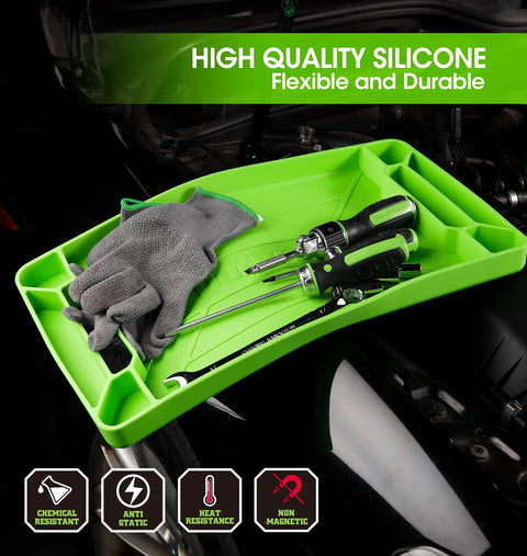 Flexible Tool Tray Set Three Piece Silicone Tool Holder For Mechanics Heat And Chemical Resistant Organizer displayed on car engine
