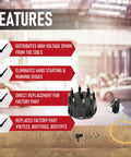 Distributor Cap Tune Up Kit With Rotor And Gasket For GM V8 HEI Ignition Thunderbolt IV And Thunderbolt V Systems on wooden surface with checklist and features