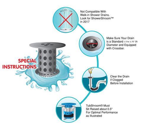 Diagram showing installation instructions for Chrome Tub Drain Hair Catcher 2 Pack For 1.5 To 1.75 Inch Tub And Shower Drains