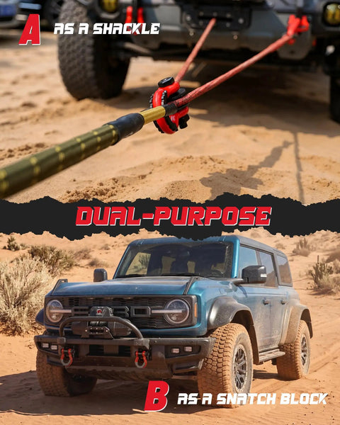 Upgraded Snatch Block With Three Quarter Inch D Ring Shackle Two Pack 22,000 Pound Break Strength Towing Pulley Heavy Duty Offroad Recovery Accessory For Truck Tractor ATV UTV Red as a snatch block on recovery rope