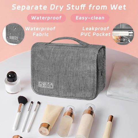 Compact Hanging Toiletry Bag With Hook Waterproof Travel Organizer For Men And Women Gray with toiletries on white surface.