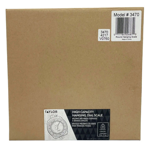 Box packaging for Dial Style 70-Pound Heavy-Duty Industrial Hanging Scale with model information and barcode visible