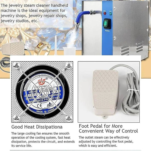 The jewelry steamer showcases a foot pedal and gauge for controlling steam pressure; perfect for jewelry cleaning. Score That Top Shelf Shine Again On Your Favorites With This Heavy Duty Jewelry Steamer Featuring Quick Foot Pedal Trigger For No Fuss Gold And Silver Ring Cleaning Daily.