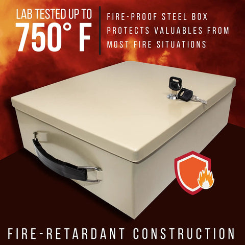 Fireproof Steel Security Chest With Lock And Keys Heavy Duty Safe Box For Your Docs And Valuables Tested To 750 F Exterior 14.5 By 11 By 4 Inches Interior Fits 9 By 12 Docs And Passport