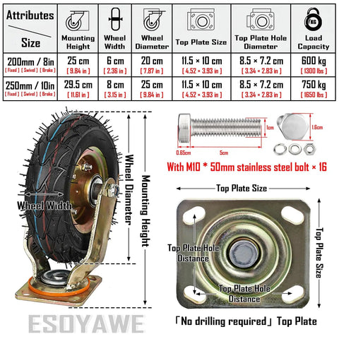 Heavy Duty Pneumatic Rubber Swivel Casters Built Tough Workhorse Grade Industrial Wheels Set Of Four Eight Inch Top Plate Mount specifications.