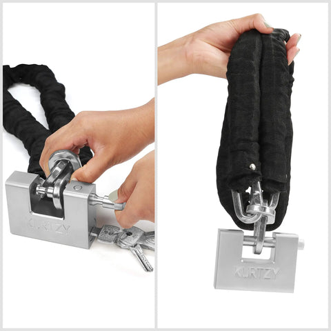 Heavy Duty 1kg Padlock With 5 Keys, Hardened Chrome Steel Monoblock Lock, 12mm Thick Shackle being used with chain