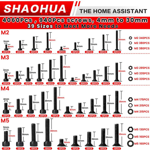 4071 Piece Metric Screw Kit With M2 M3 M4 M5 Nuts And Bolts 39 Sizes From 4mm To 30mm displayed with size details