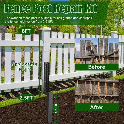 2 Pack Fence Post Repair Kit With Heavy Duty Metal Ground Stakes For Wood Post Support Quick No Dig Fix For Leaning Or Broken Posts Durable Anchor Stabilizer For Outdoor Garden Yard And Farm Fencing image showing installation on white fence, before and after results.