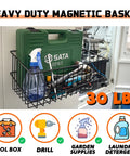 Heavy Duty Magnetic Wire Baskets Set Must Have Large Capacity Metal Shelf Organizer showing tools and supplies on metal surface