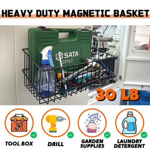 Heavy Duty Magnetic Wire Baskets Set Must Have Large Capacity Metal Shelf Organizer showing tools and supplies on metal surface