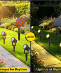 4 In 1 Solar Spotlight Outdoor Waterproof Landscape Lights by day and illuminated garden at night, auto on off feature