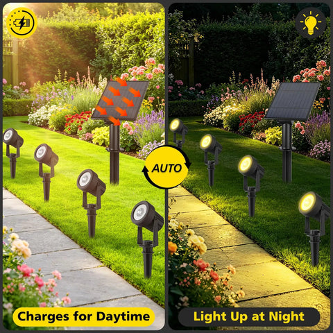 4 In 1 Solar Spotlight Outdoor Waterproof Landscape Lights by day and illuminated garden at night, auto on off feature