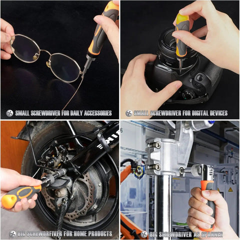 Using the 68 In 1 Ratcheting Screwdriver Set With Magnetic Bits Rotatable Ratchet Handles Extension Bar And Sockets for various tasks.