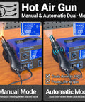2-In-1 Soldering And Hot Air Rework Station with large LCD showing manual and automatic modes