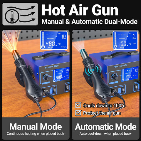 2-In-1 Soldering And Hot Air Rework Station with large LCD showing manual and automatic modes