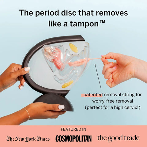 Demonstration of menstrual disc removal using model with patented string, part of Menstrual Disc Starter Kit With Medical Grade Silicone All Inclusive Set Includes Medium And Large Discs Applicator Lube Wash Sterilizing Carry Cup And Wipes For A No Mess Tampon Alternative Period Care.