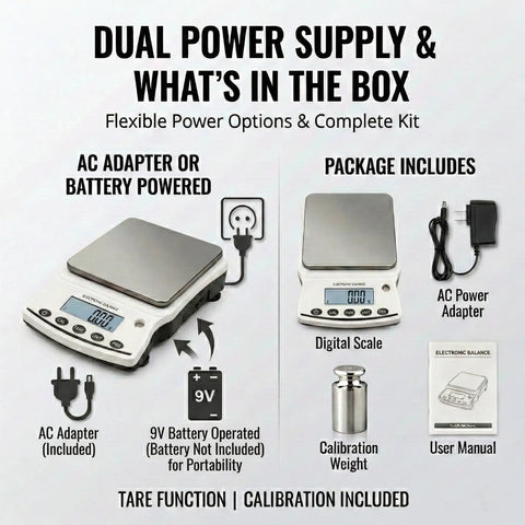Top Notch 5000G Lab Scale With 0.01G Readability And Calibration Weights, showing dual power, AC adapter and components.