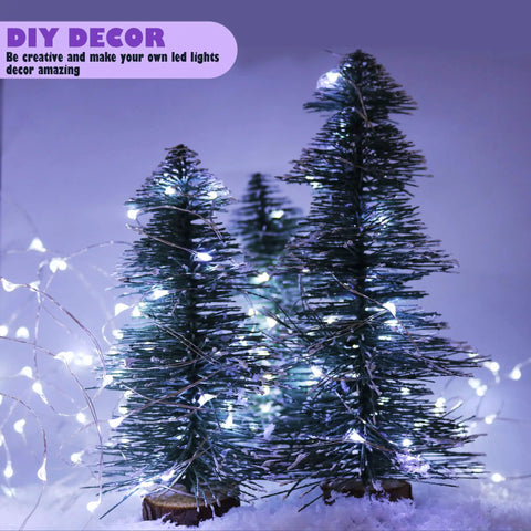 Battery Operated Fairy Lights Six Pack No Remote Waterproof Firefly String Lights On Silvery Copper Wire On Mini Christmas Trees