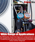 Technician using Pro Grade HVAC Vacuum Hose 72 Inches Long With Three Eighths Inch Flare Fittings For Fast Evacuation And Refrigerant Recovery Working Pressure Up To Eight Hundred Psi Burst Pressure Four Thousand Psi Black.
