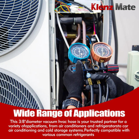 Technician using Pro Grade HVAC Vacuum Hose 72 Inches Long With Three Eighths Inch Flare Fittings For Fast Evacuation And Refrigerant Recovery Working Pressure Up To Eight Hundred Psi Burst Pressure Four Thousand Psi Black.