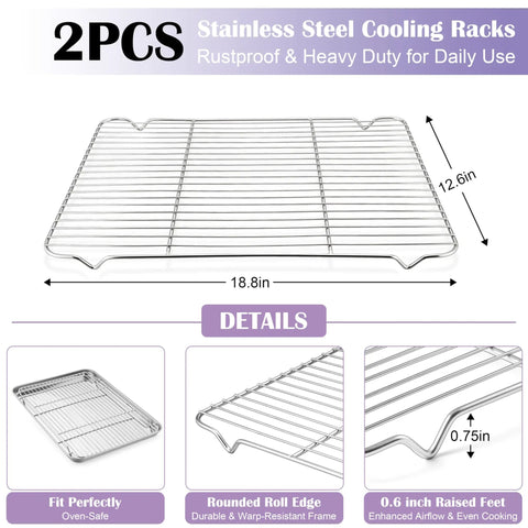 Large Stainless Steel Baking Sheet With Wire Rack Set 20x14 Inch, 2 pcs cooling racks, rust-resistant, oven safe, 18.8x12.6 inch