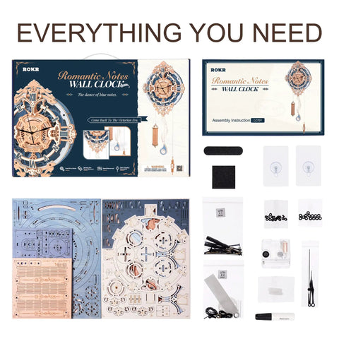 3D Wooden Puzzle Clock Kit For Adults And Teens, Mechanical Building Model Kit, DIY Brain Teaser Puzzle, Romantic Notes Clock Gift Idea, Eco Friendly Basswood Craft Hobby Totally Fun, parts and instructions set