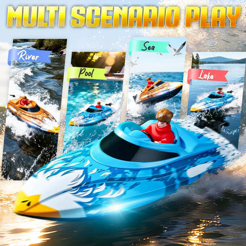 Self-Righting 12 Inch Remote Control Boat for Kids and Adults, 25 KPH Fast RC Boat, shown in various water scenarios