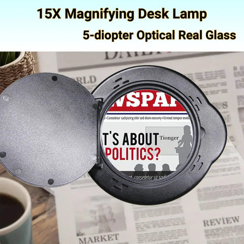 15X Magnifying Glass Desk Lamp With Clamp Real Glass Lens over newspaper, showcasing text magnification detail