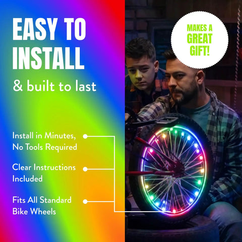 Light Up Your Ride With LED Bike Wheel Lights With Batteries Included Stay 100 Percent Brighter And Visible From Every Angle For Maximum Safety And Style Dope Multicolor Wheel Lights For One Tire Pack, easy installation, two people installing on a bike wheel.