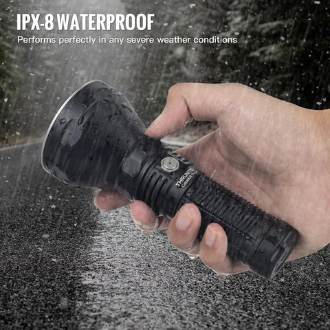 Catapult Pro SFT70 LED Flashlight Pocket Size handheld showing IPX8 waterproof feature in rain