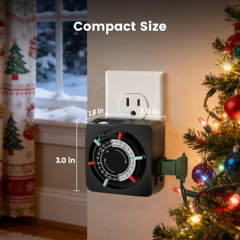 Slick Mechanical Timer With Two Grounded Outlets For Indoor Use And 24 Hour Daily Cycles, compact size mounted on wall.
