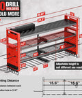 Diagram of Beefed Up Heavy Duty Wall Mounted Power Tool Organizer With Charging Station, showing dimensions and adjustable racks.