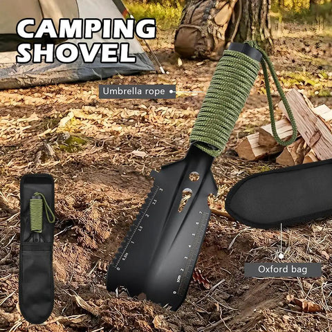 Beast 9 In 1 Portable Camping Shovel Multi Tool For Backpacking And Survival Gear shown in a camping setting with paracord handle.