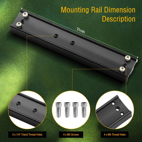 21cm GP Prism Rail for Telescopes with dual one-quarter inch tripod thread holes and mounting screws on a green background