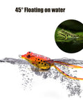 Five Piece Topwater Frog Lures Set For Freshwater Fishing Catch Bass And More Ray Frog Soft Baits floating at 45 degrees on water