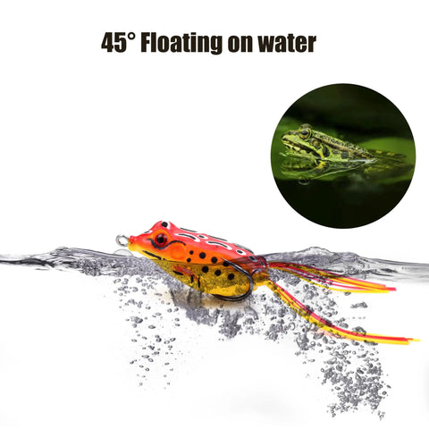Five Piece Topwater Frog Lures Set For Freshwater Fishing Catch Bass And More Ray Frog Soft Baits floating at 45 degrees on water